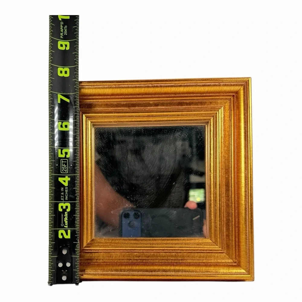 Gold Square Vintage Accent Mirror, Brass Wood Frame, Wall Mounted, Framed